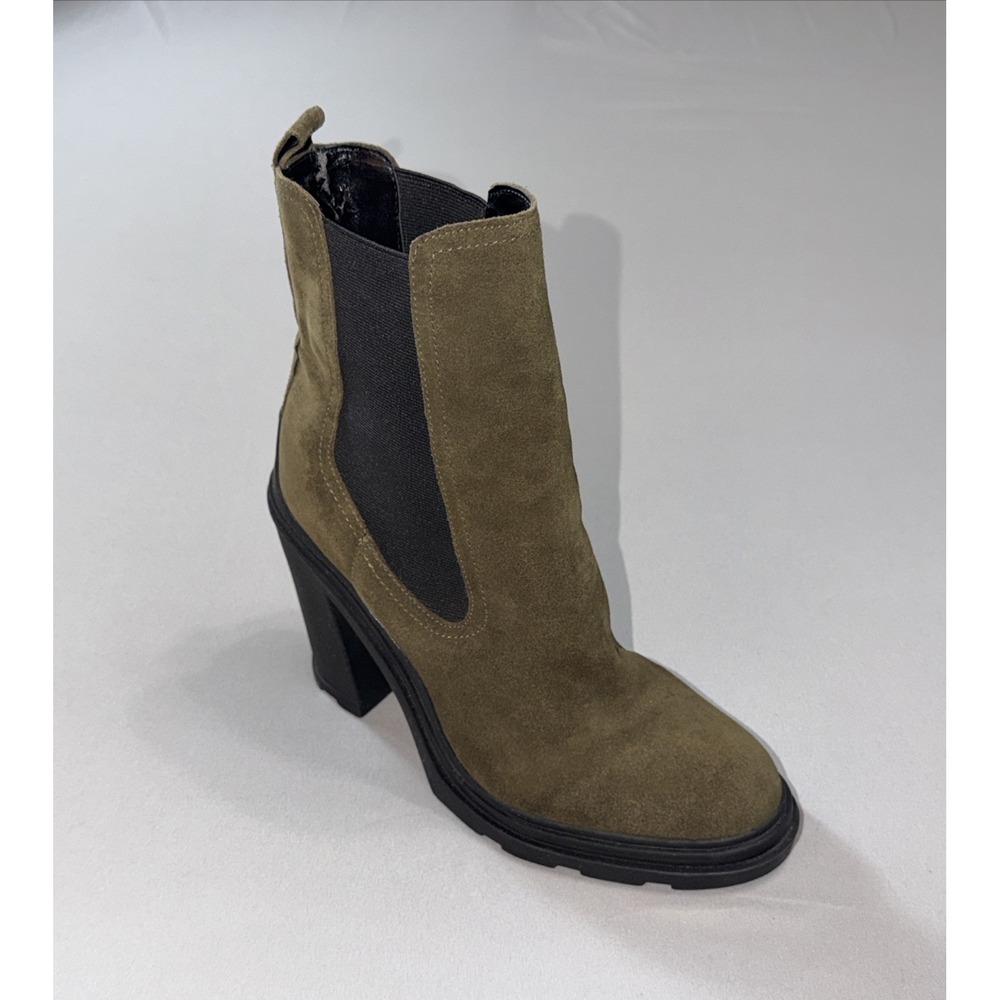 Marc Fisher LTD Ramio Suede Ankle Boots Woman's 10M Olive Green Block 4.5" Heel